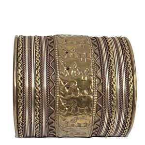 Vintage Copper wide Cuff Bracelet Elephant Repoussé‎ Mix Metal Twisted Wire